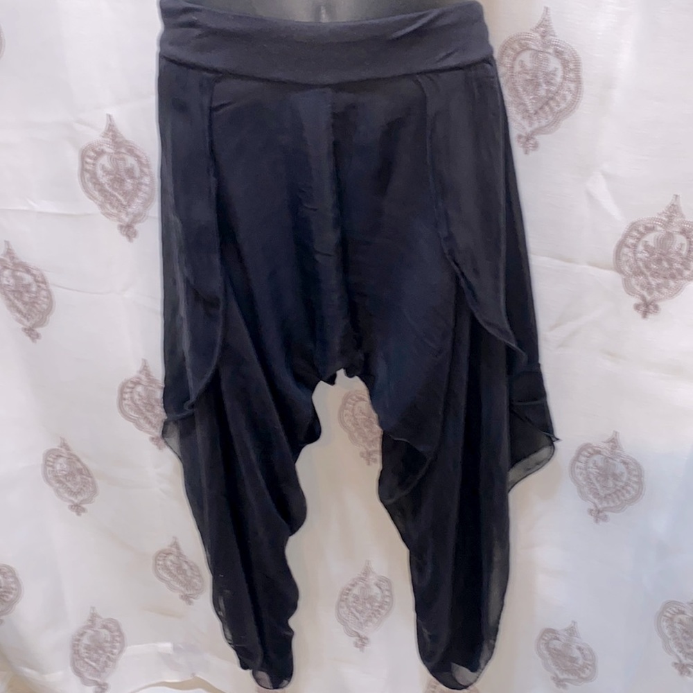 100% SILK POLITA BLACK HAREM CHIFFON DRAPE PANTS SZ 4/36W